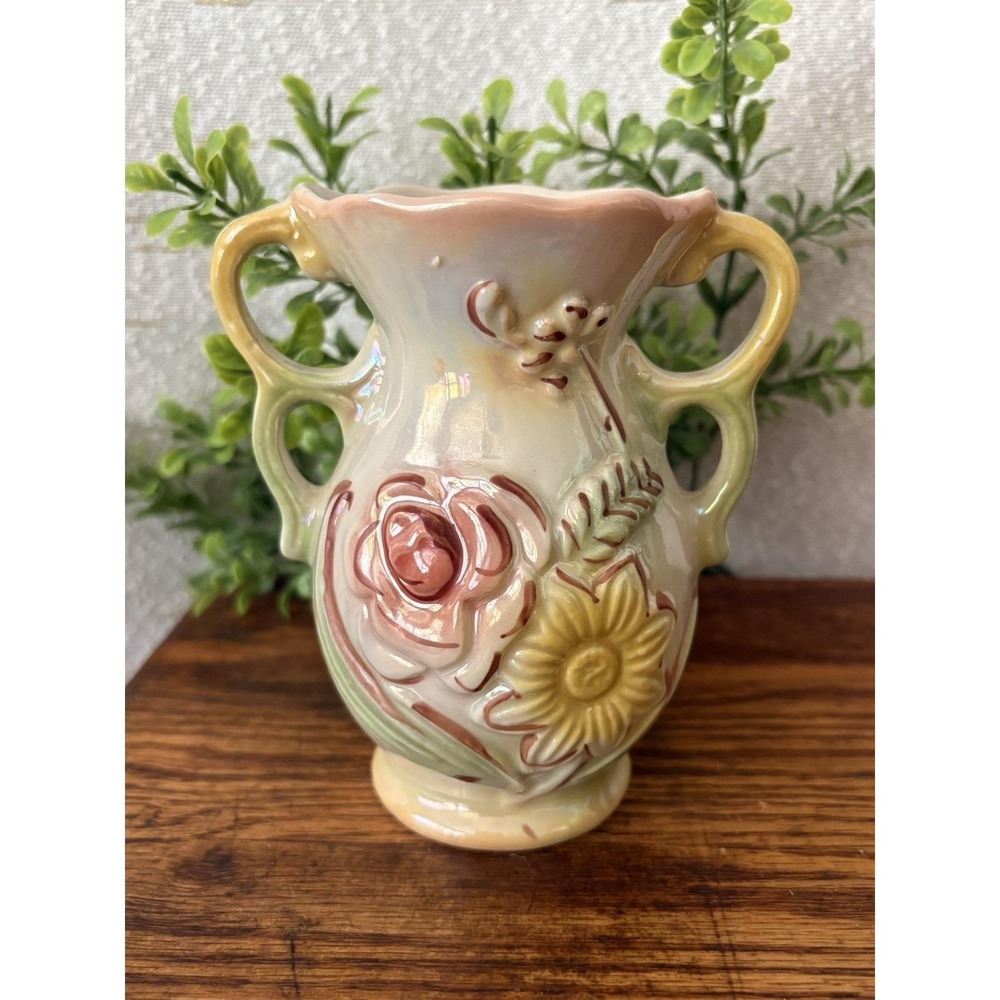 Vintage Floral Vase Made in Brazil Double Handle Art Pottery Rose Relief MCM